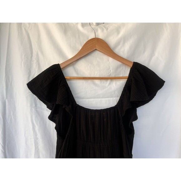 Xirena Black Tiered Mini Dress V Neck Flutter Sleeves Bow Drawstring Flowy Gauze - Picture 6 of 9
